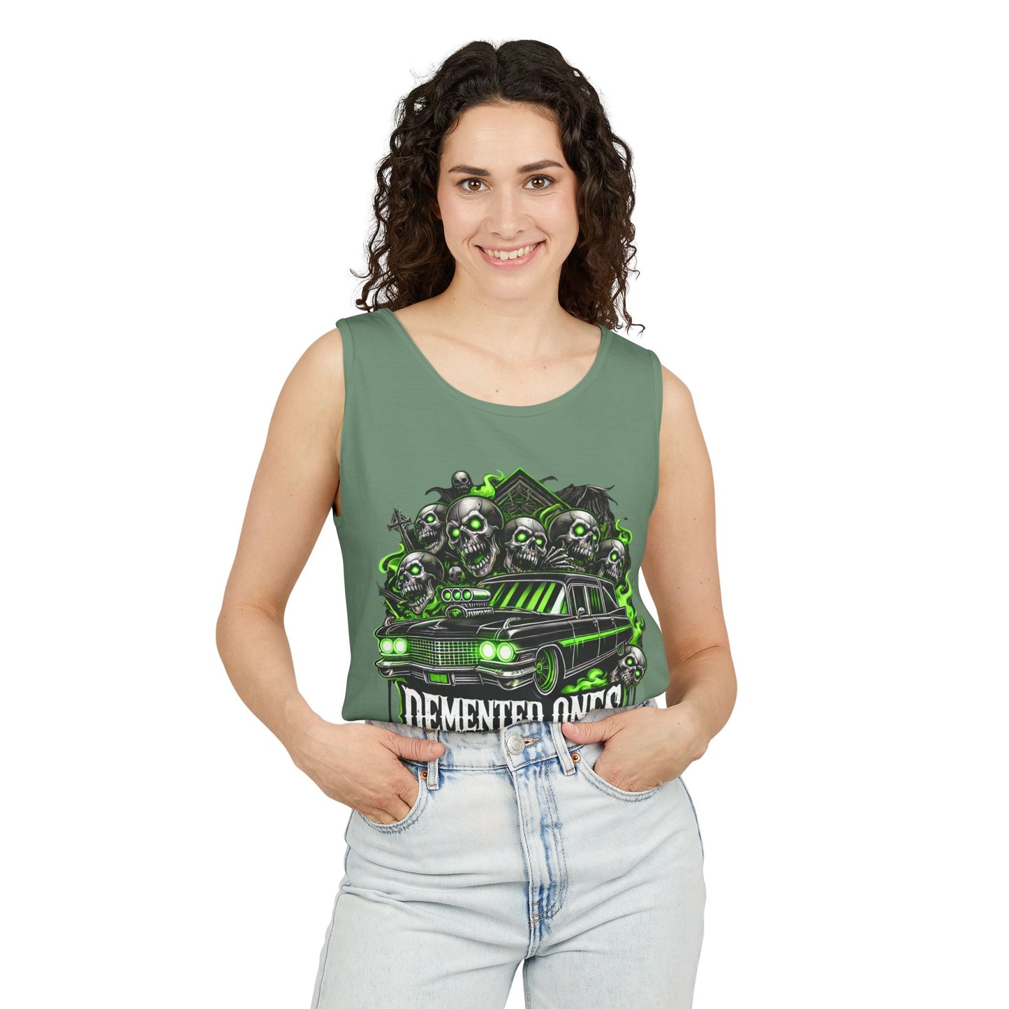 Demented Ones Hearse Graphic Tank Top, Unisex Casual Wear, Halloween Party Shirt, Summer Festival Attire, Spooky Design Apparel