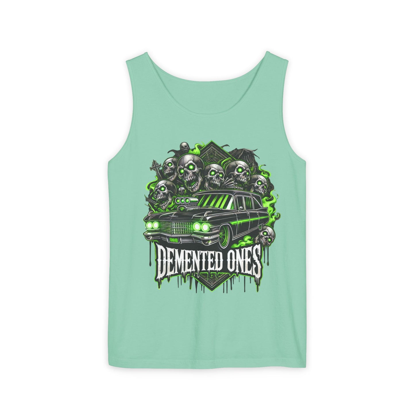 Demented Ones Hearse Graphic Tank Top, Unisex Casual Wear, Halloween Party Shirt, Summer Festival Attire, Spooky Design Apparel