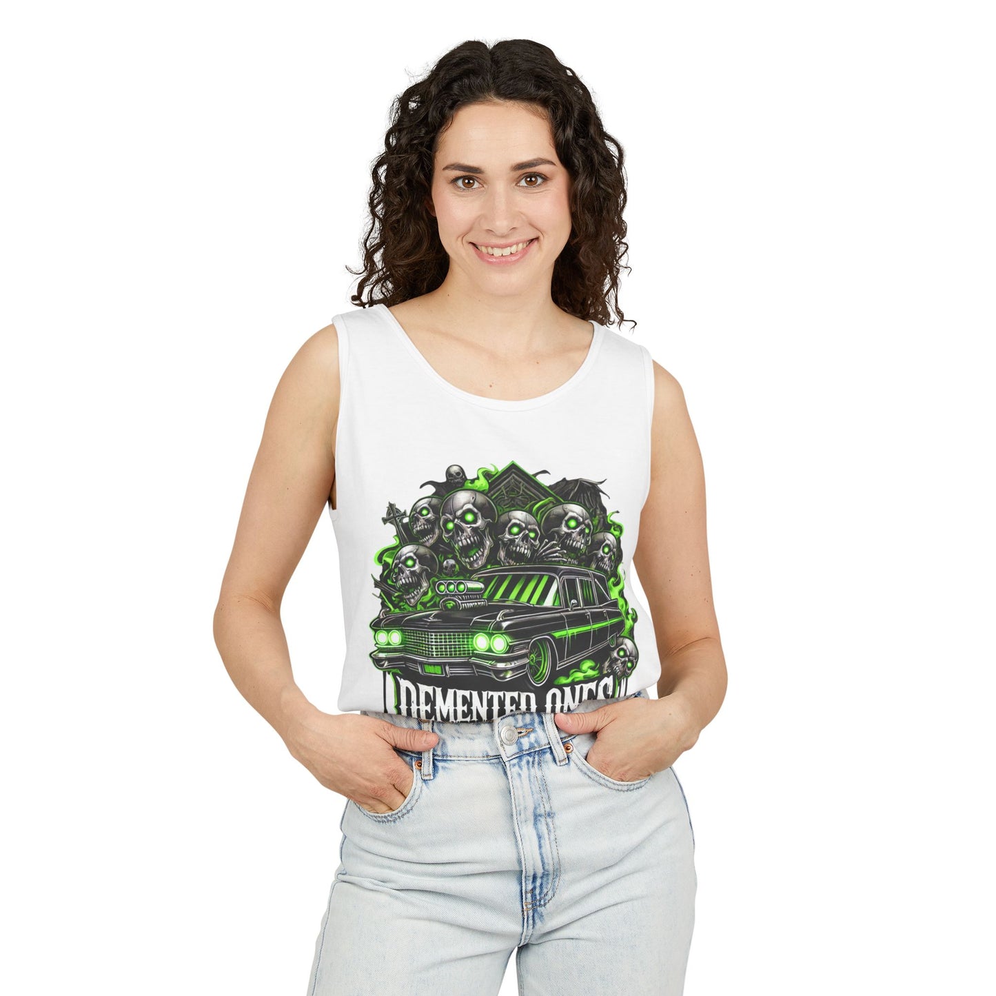 Demented Ones Hearse Graphic Tank Top, Unisex Casual Wear, Halloween Party Shirt, Summer Festival Attire, Spooky Design Apparel