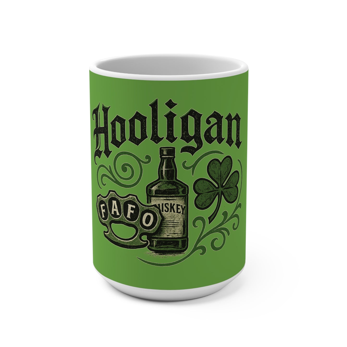 Hooligan Mug, Green Whiskey Cup, Irish Celebration Drinkware, Funny Gift for Fools, Party or Home Decor