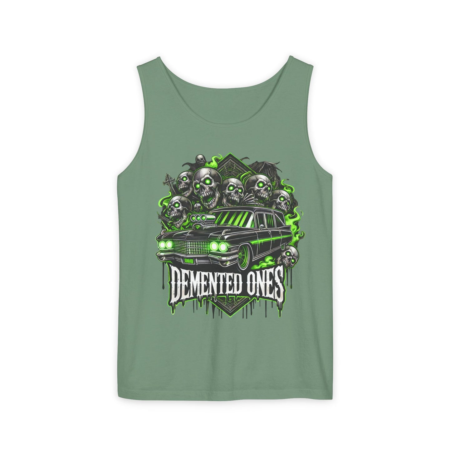 Demented Ones Hearse Graphic Tank Top, Unisex Casual Wear, Halloween Party Shirt, Summer Festival Attire, Spooky Design Apparel