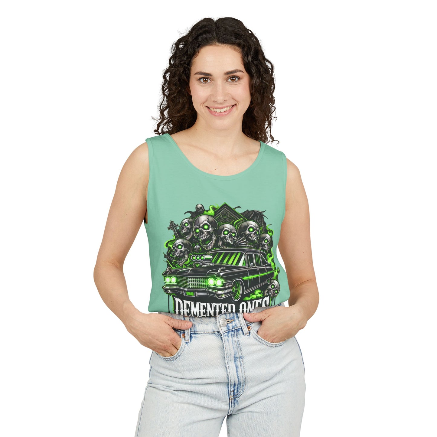 Demented Ones Hearse Graphic Tank Top, Unisex Casual Wear, Halloween Party Shirt, Summer Festival Attire, Spooky Design Apparel